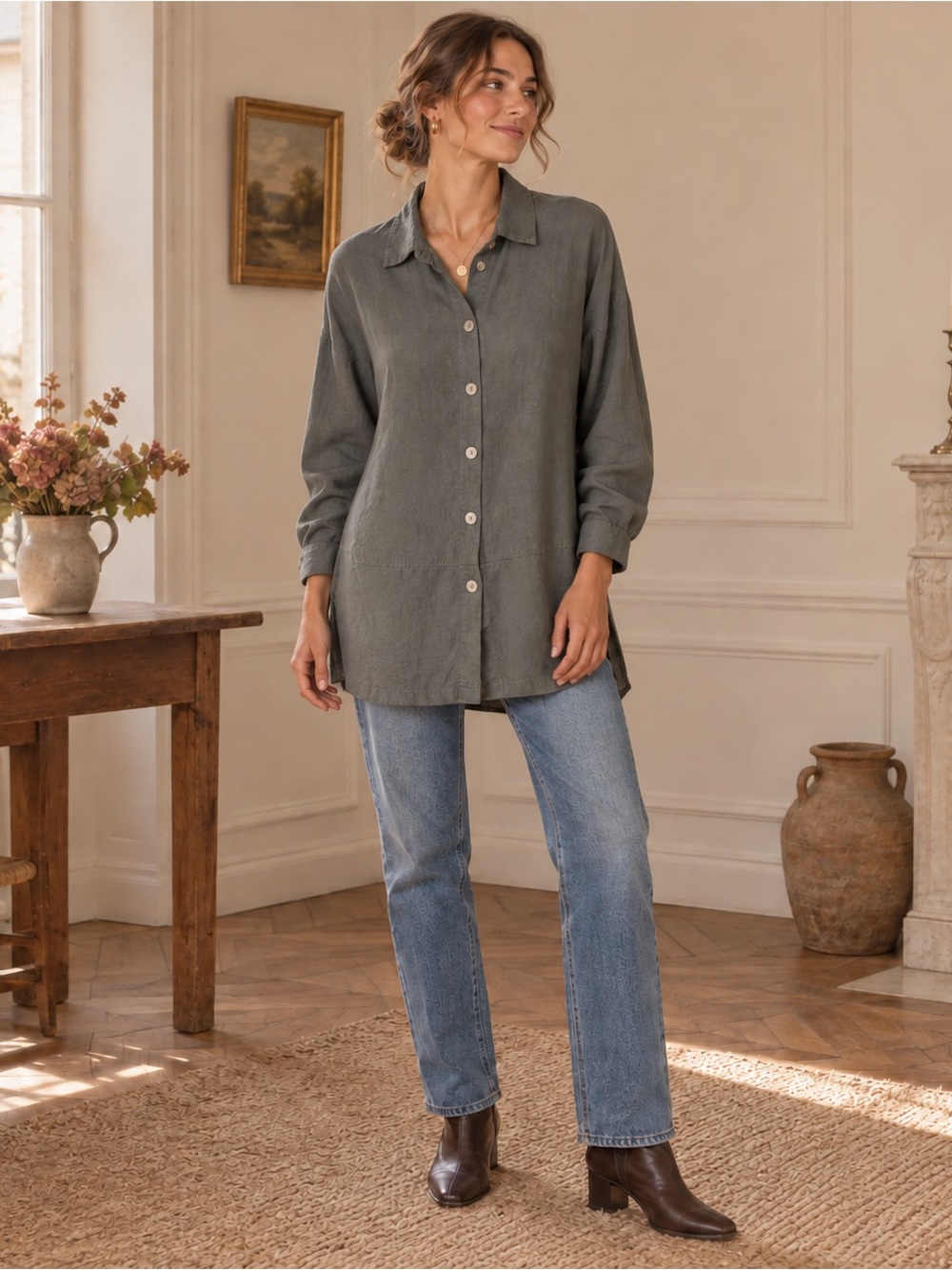 Linen Button Down Green Medium Pollero